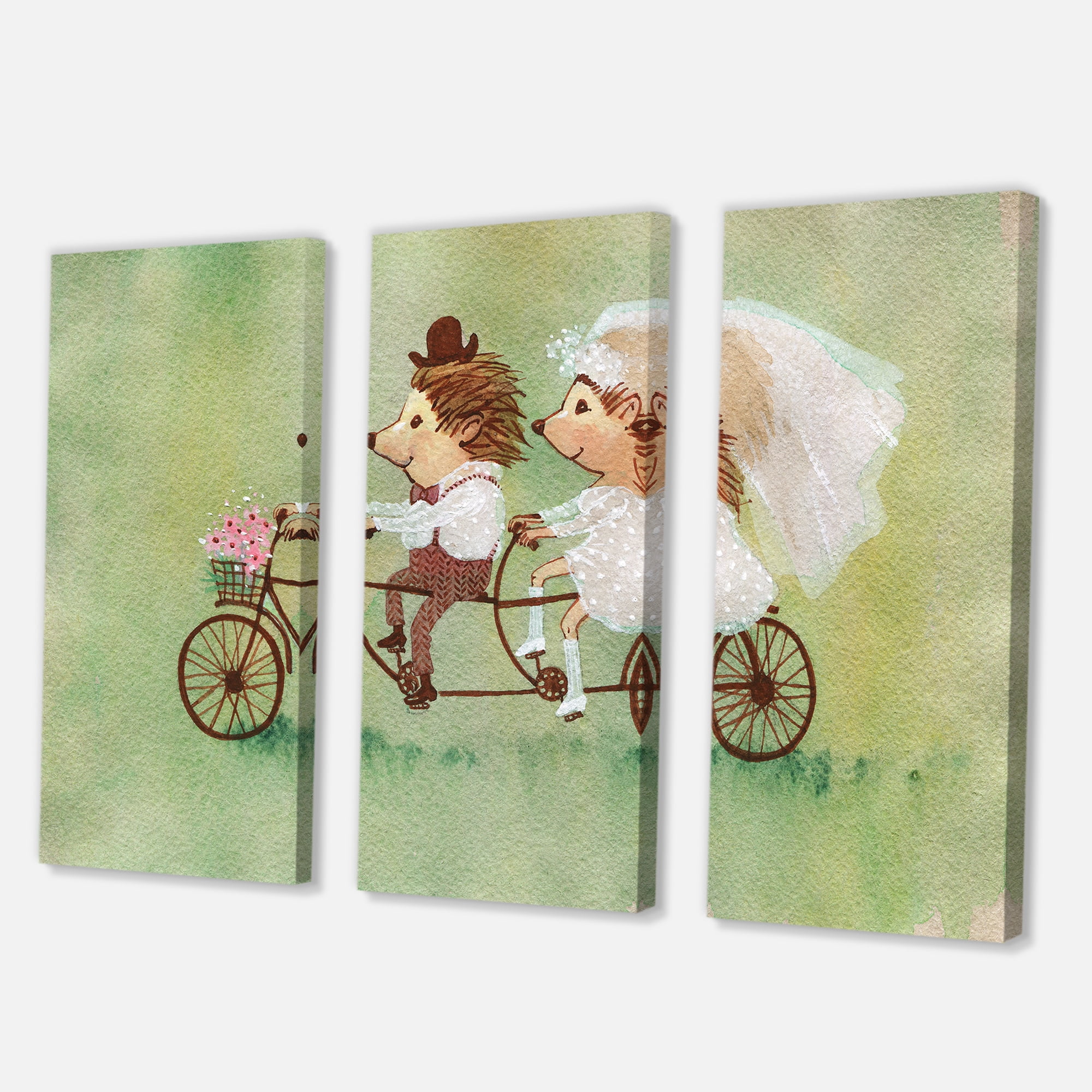 Wedding Couple of Hedgehogs Riding A Bike 28 in x 36 in Painting Canvas Art Print, by Designart