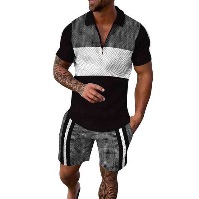 Wyzesi Men Workout Pantsuit Inseam Red Male Casual Striped Gradient Ramp Print Two Piece Suit Zipper Short Sleeve Top Blouse Suit Drawstring Pocket Short Set Sleep Pantsuit Men