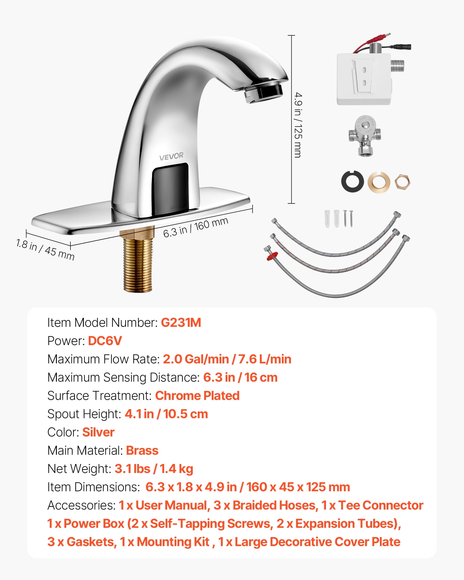 VEVOR Touchless Bathroom Sink Faucet, Automatic Motion Sensor Restroom Toilet Faucet with Hole Cover Plate, Battery Operated,Adjustable Temp for 9/16 in Pipe Commercial Lavatory,Chrome Plated Silver