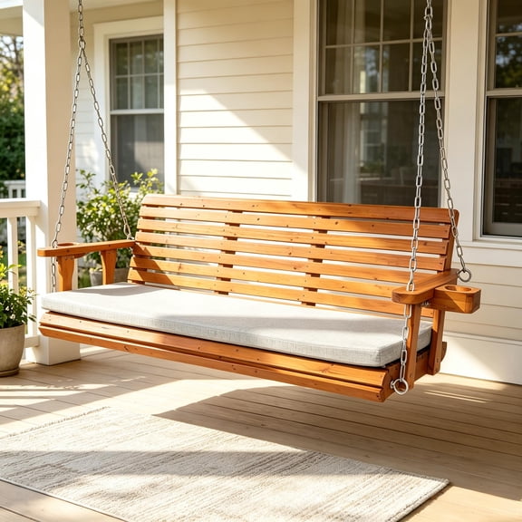 Innovaze 5.5 Ft Wooden Porch Swing with Seat Cushion, Cup Holders, Hanging Chains and 7mm Springs, Heavy Duty 880 LBS (Teak Tone, 3-Seater )