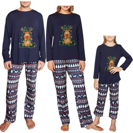 

Odeerbi Clearance Christmas Pajamas For Family Women Moms Trendy Print Long Sleeve Top Pants Suit Parent-child Wear Blue