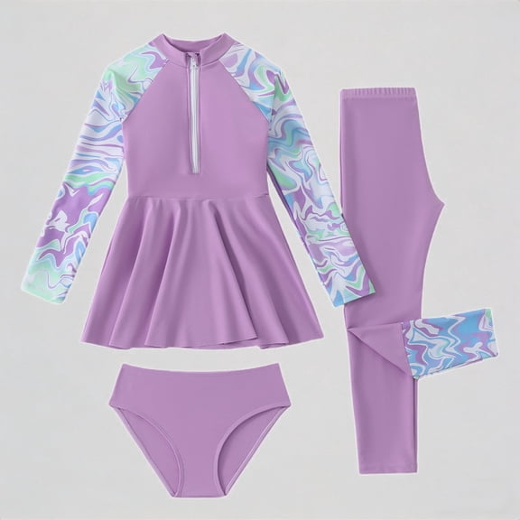 REDARER Girls 3-Piece Swim Set – Long Sleeve Print Top, Skirted Bottom, Leggings, Comfortable Fit for Spring Summer Swimming,6-7 Years