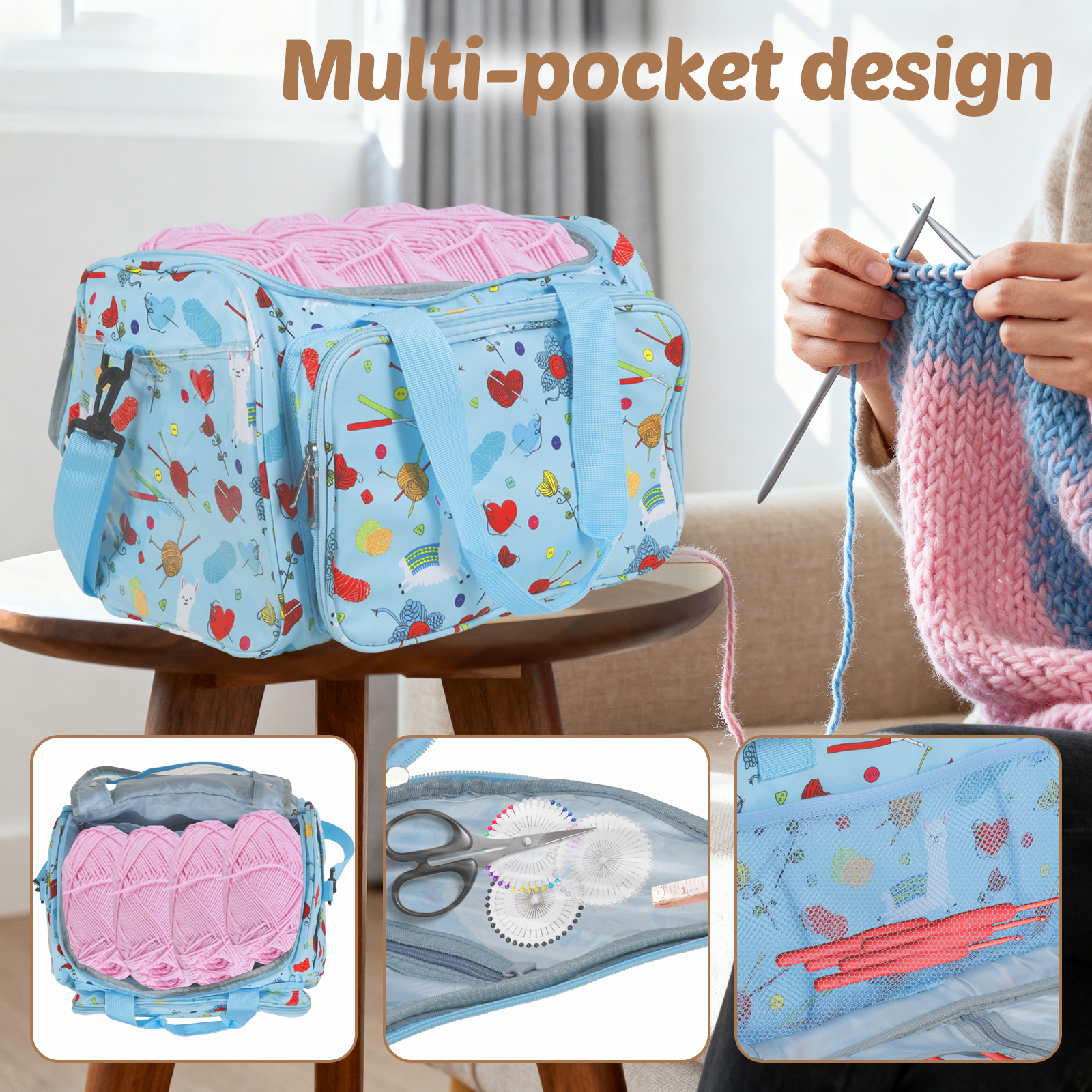 Threns Crochet Yarn Storage Bag Large Capacity Travel Knitting Bag Portable Oxford Cloth Wool Tote Organizer with Multi Pocket for Knitting Needle Crochet Hook