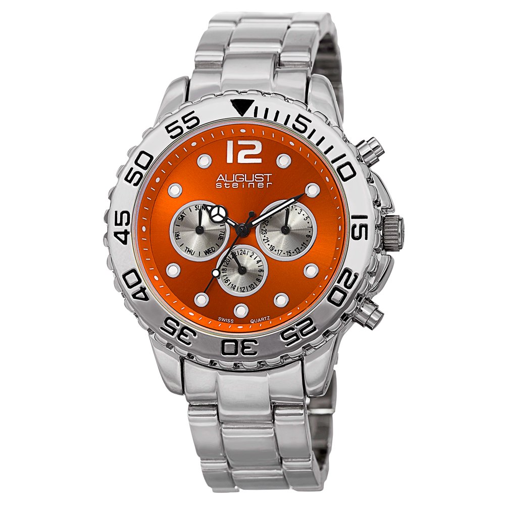 August Steiner - Men's Swiss Quartz Dual Time Zone Orange  