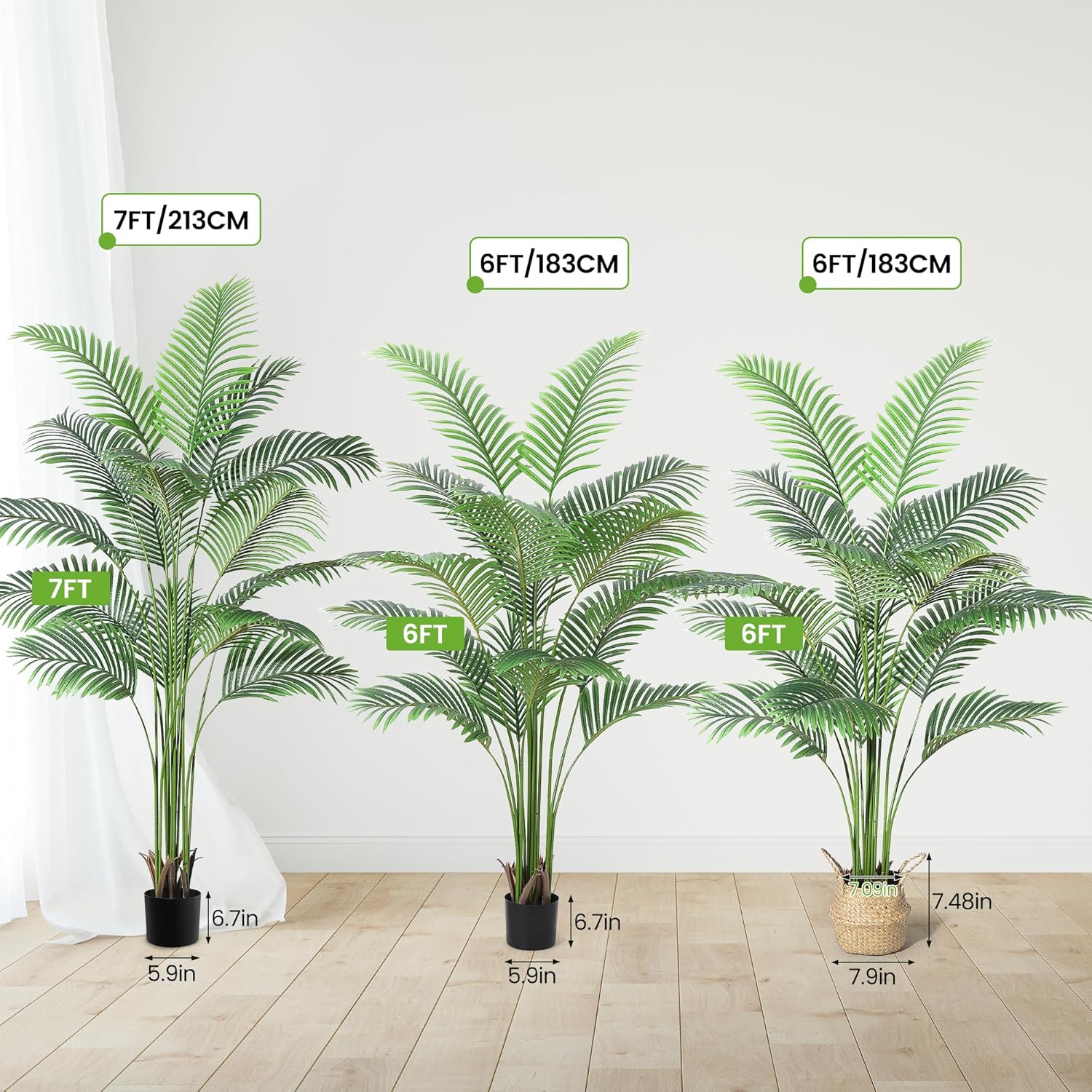 6 Ft Large Artificial Plants, 2PCS Fake Palm Tree, Fake Faux Tropical Palm Silk Plant with 15 Trunks Paradise Palm Floor House Plant in Pot Indoor Home Office Garden Decoration