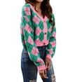 thumbnail image 3 of Women'S Knit Cardigan Sweaters Long Sleeve Argyle Open Front Button Down V Neck Cropped Coats Casual Trendy Tops Pink Green S, 3 of 10