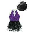 thumbnail image 4 of YONGHS Kids Girls Sequins Tassel Hem Dress Rumba Samba Salsa Cha Cha Latin Jazz Leotard with Hat Set Purple&Black 16, 4 of 5