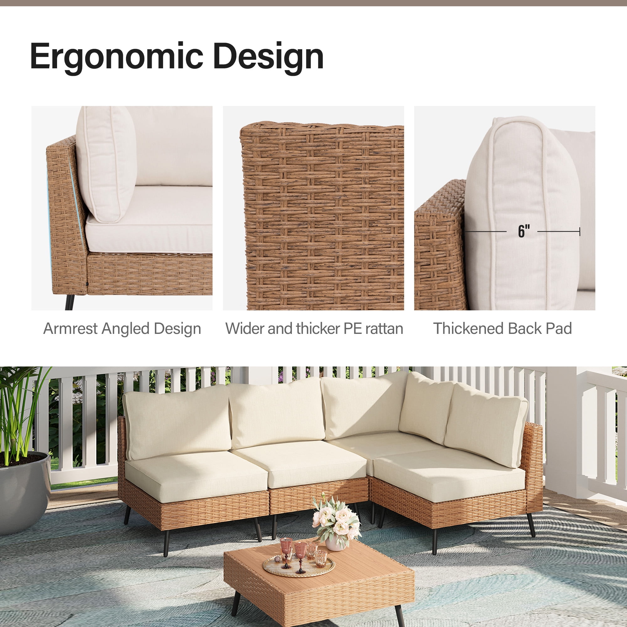 KAMEROUT 5 Pieces Outdoor Furniture Set, Patio Rattan Sectional Conversation Set with 4 Chairs and 1 Table, Beige Cushions