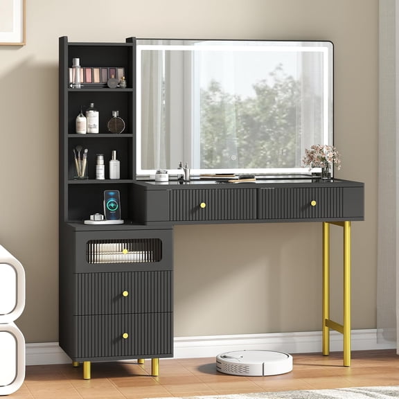 Vanity Desk with Mirror and Lights, Fluted Makeup Vanity with Glass top, 48" Modern Vanity with 5 Drawers & Open Shelves, 3 Lighting Modes Adjustable Brightness for Bedroom, Black