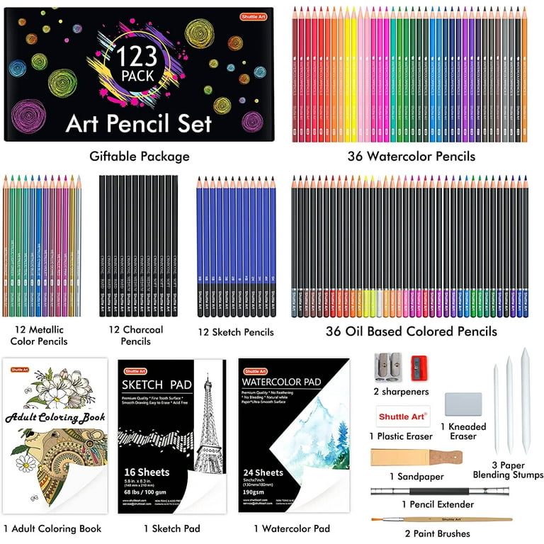 Shuttle Art 123 Pack Art Pencil Set, 36 Watercolor Pencils,36 Oil Based Sketch