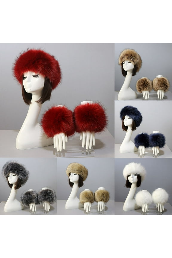 1 Set Women Headband Gloves Solid Color All Match Faux Fur Furry Empty Top Hat Wrist Sleeves for Skiing