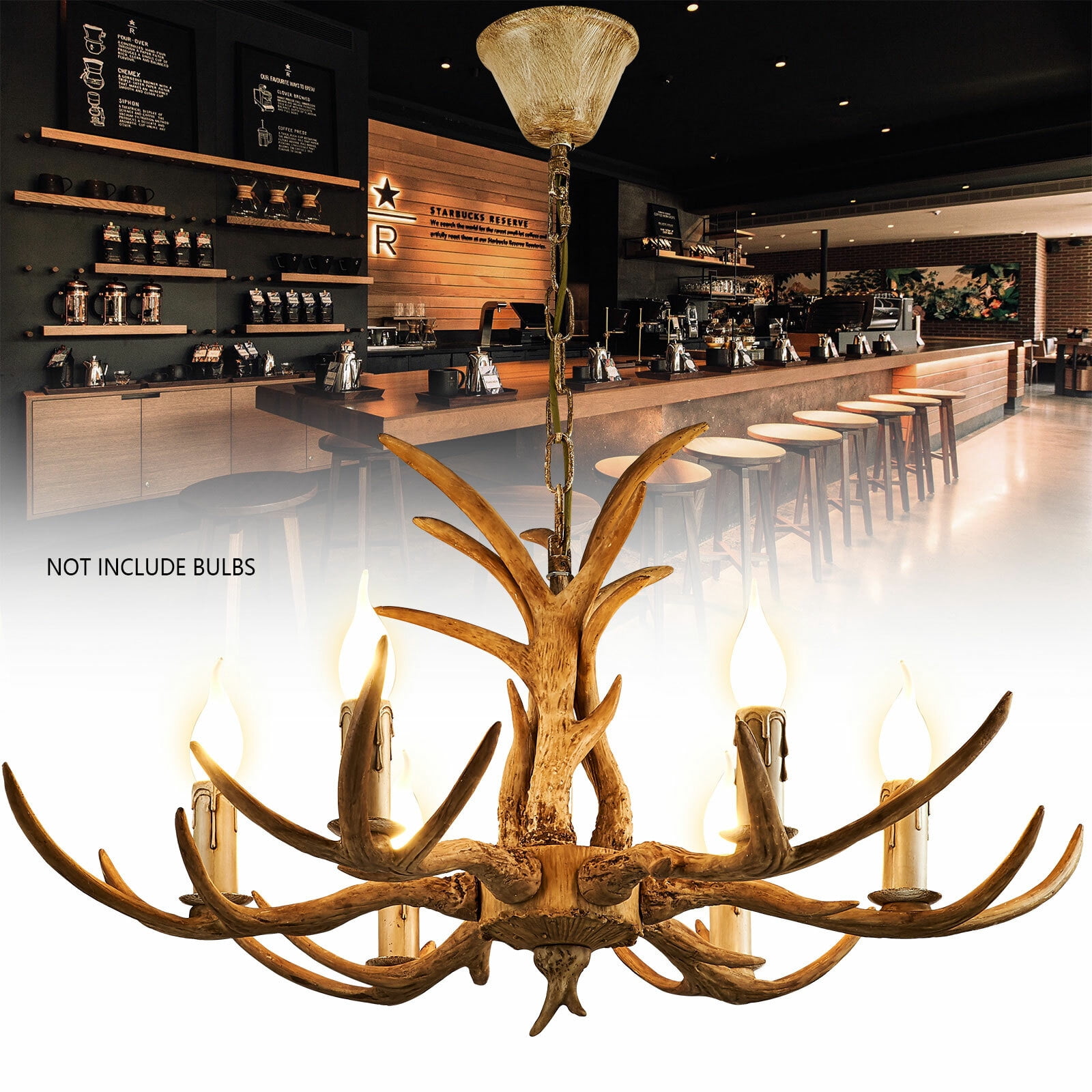 6-Lights Rustic Deer Horn Antler Chandelier Pendant Light Ceiling Lamp Fixture For Parlor,Restaurant