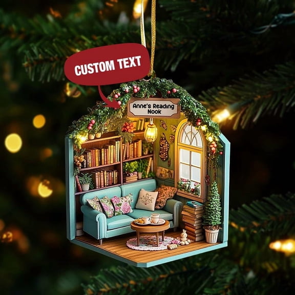 Custom Reading Nook Ornament, Mini Library Christmas Decor, Cozy Literary Corner Gift For Book Lover
