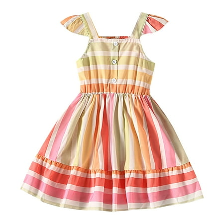 

Child Baby Girls Dress Striped Printed Ruffle Sleeve O-Neck Blocking Princess Button Decoration Wide Shoulder Straps Sling Sundress Soft Stylish Dresses