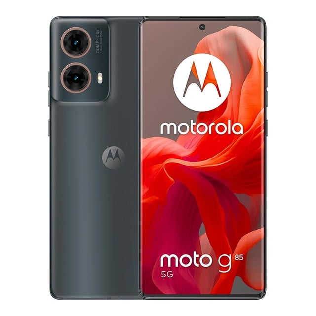 smartphone motorola moto g85 12gb ram 512gb rom gris desbloqueado Vista frontal y trasera, pantalla curva sin bordes de 6.7" con orificio para cámara frontal, trasera gris con doble módulo de cámara (50 MP, OIS) y logo Motorola, botones laterales visibles, fondo blanco; también suele usarse como teléfono multimedia y para multitarea con 5G.