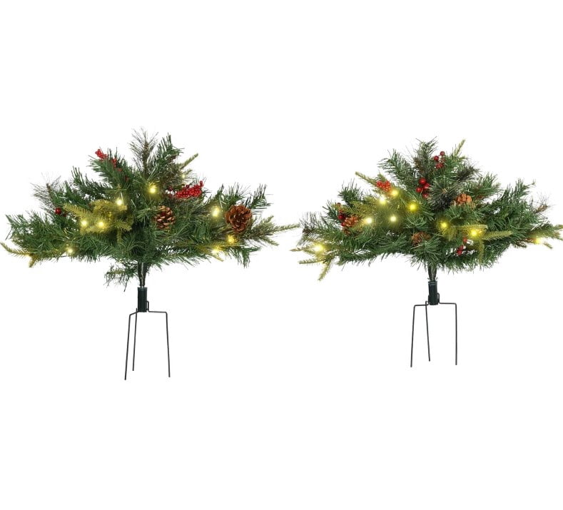 2ft Battery-Operated Prelit Morinda Umbellata Tree 69 Tips 24 LED Lights Berries Pine Cones Tripod Stake Outdoor Decor