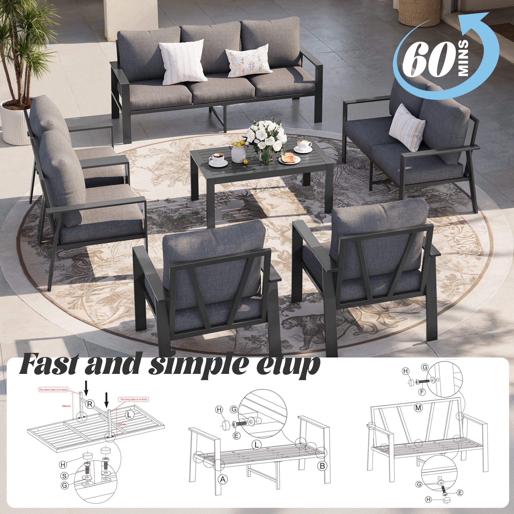 MRUAKA Aluminum Patio Furniture Set, 9 Pcs Modern Outdoor Sofa Sets, Outdoor Sectional Patio Conversation Set with Coffee Table for Backyard, Poolside, Dark Grey