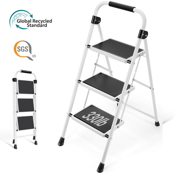 KK Kingrack 3 Step Ladder for Adults, Portable Folding Step Stool with Non-Slip Pedal, Lightweight 330lbs Steel Ladder for Home Office Bathroom
