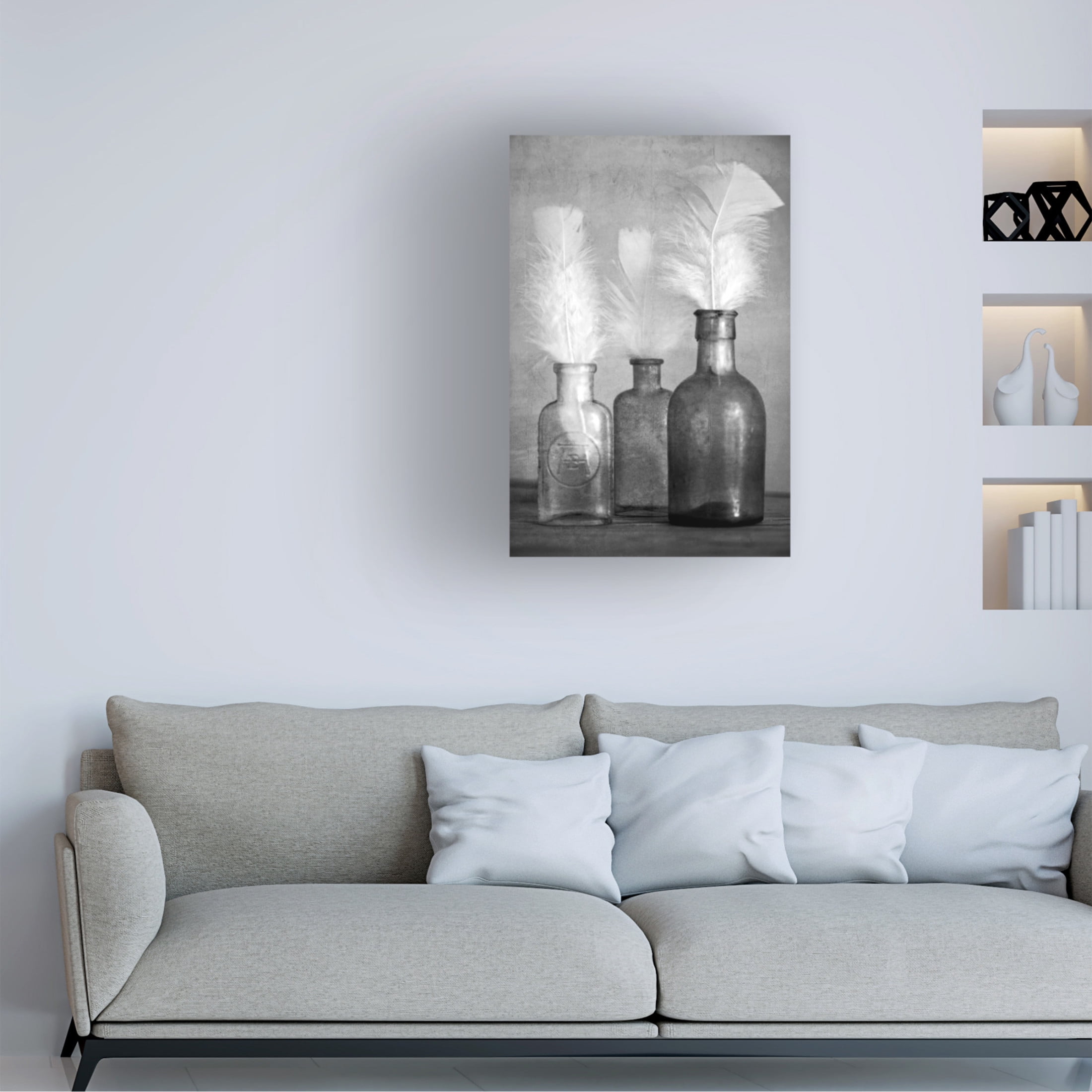 Canvas Wall Art - Tom Quartermaine 'White Feathers in Antique Bottles with Texture' Wall Art for Living Room, Bedroom, or Office Décor by Trademark Fine Art - 16 x 24 Inches