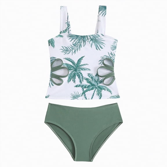 UngA Girls Swimsuit Two Piece Girls Tankini Swimsuit Tropical Printed Cut Out Bathing Suit Ruched Girls Swimwear (AG,9-10 Years)