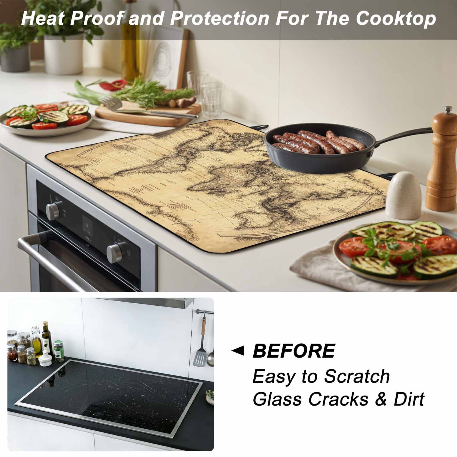 Beige Map Stove Top Cover for Electric Stove, Heat-proof & Non Slip Glass Top Stove Cover Protector, Retro Farmhouse Abstract Illustration Art Kitchen Flat Cooktop Rubber Mat 24x21 Inches