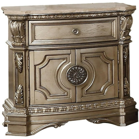 Pemberly Row 1 Drawer Wooden Marble Top Nightstand in Antique Silver