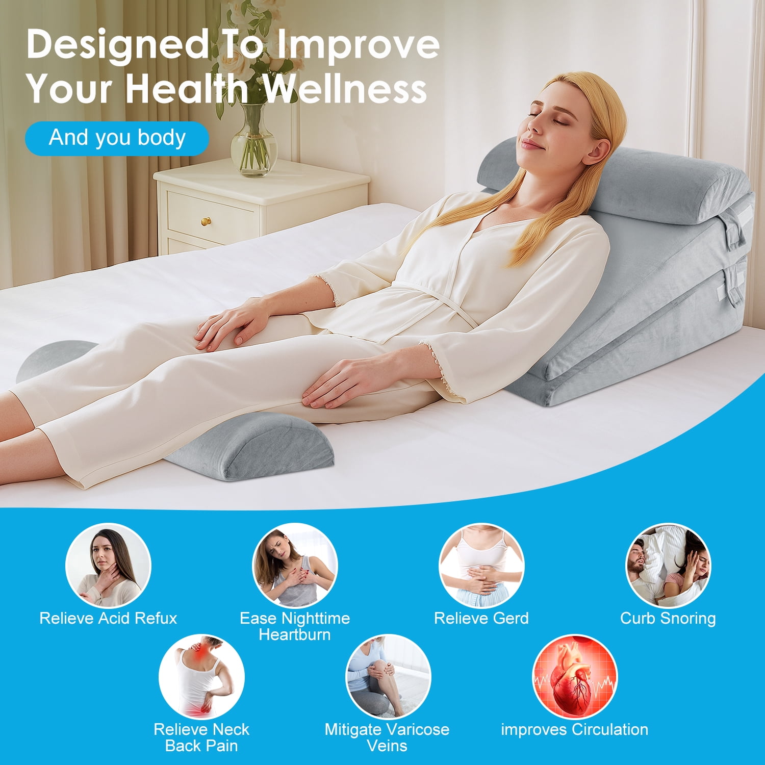 WANALIT Wedge Pillow for Sleep Apnea, Adjustable Wedge Pillow Headboard, Bed Wedge Pillow for Back, Neck, Leg Pain Relief, Pillow Wedge for Sleeping, Acid Reflux with Neck Support Pillow, Grey