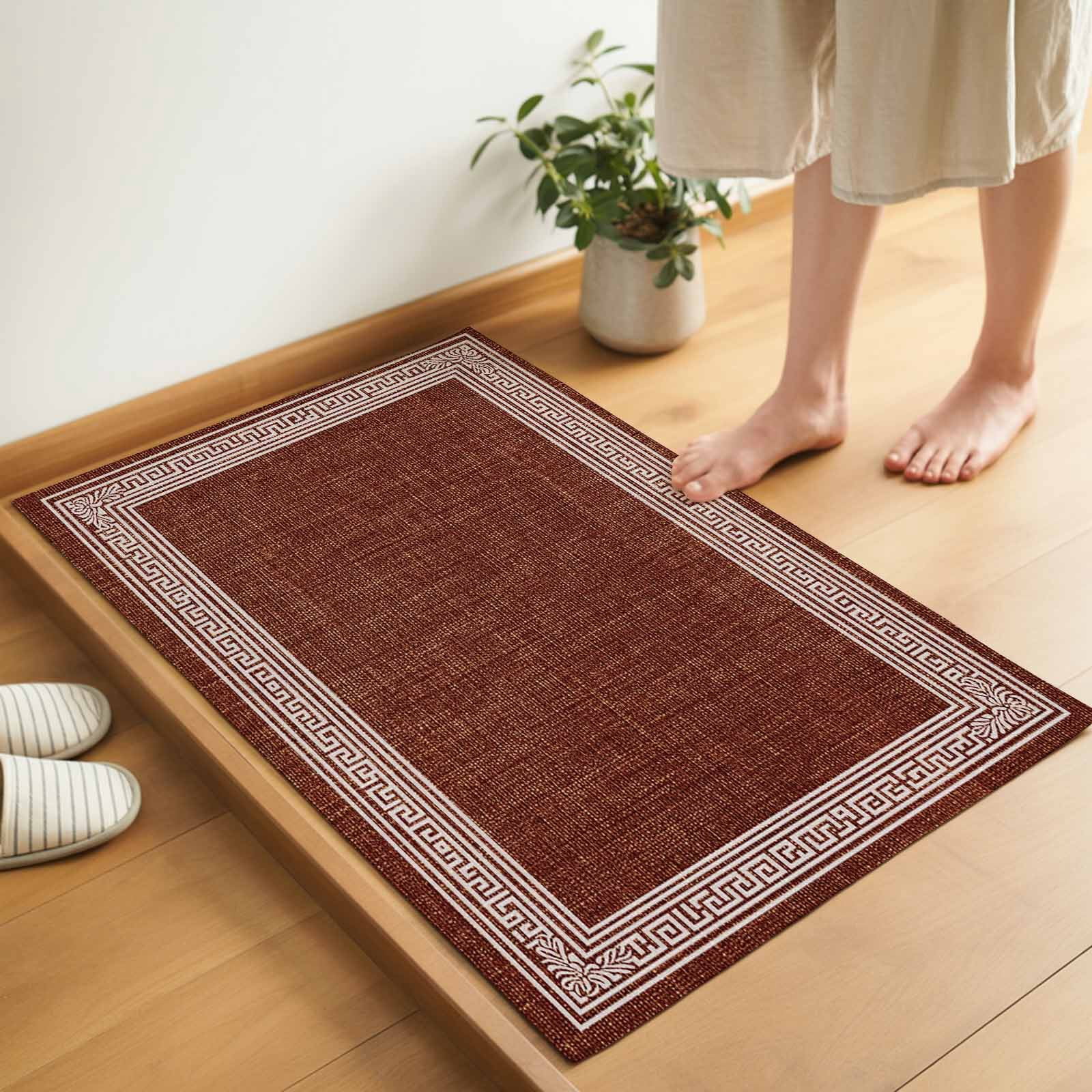Dark Brown Geometric Indoor Door Mat - 18"x30", Non-Slip Welcome Mat for Outdoor, White Greek Key Design Burlap Modern Art Front Doormat for Entry, Low-Profile Doormat Entrance Rug for Bathroom