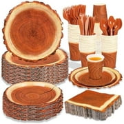 200-piece camping-themed tableware set with wood-grain design for 25 lumberjack party guests.