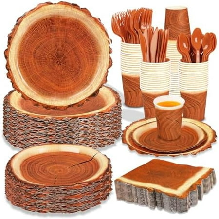 200-piece camping-themed tableware set with wood-grain design for 25 lumberjack party guests.