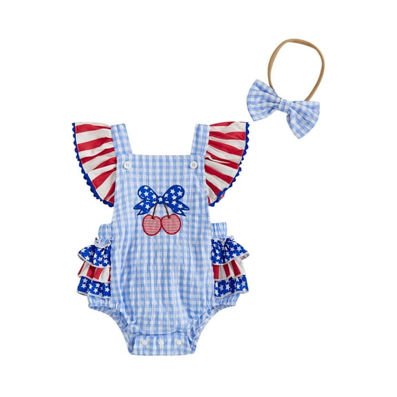 BSongo Baby Girls Patriotic Romper Summer Casual Cherry Embroidery Plaid Fly Sleeves Jumpsuit and Headband Set