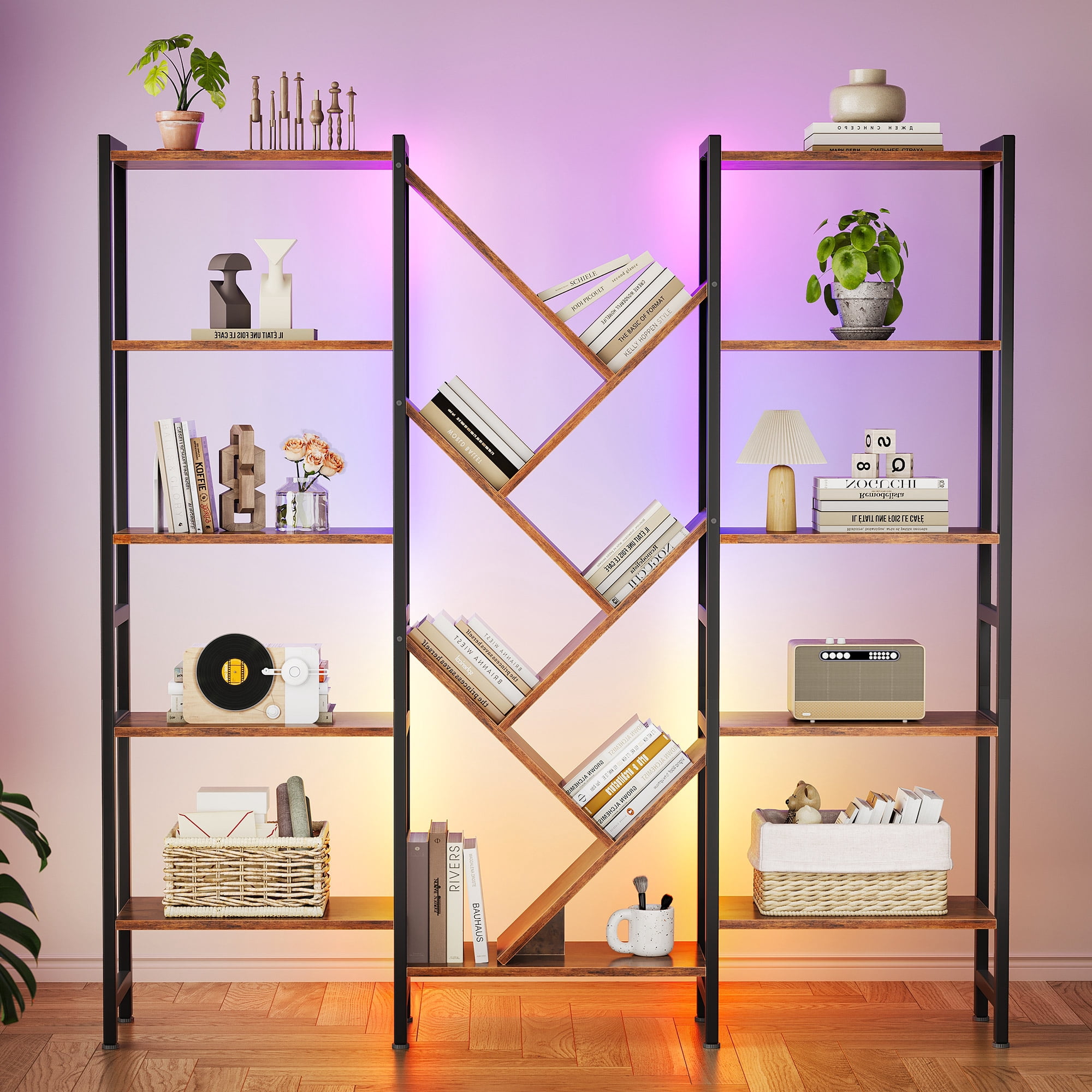 Triple 5-Tier Bookshelf with LED Lights for Living Room, 17 Open Shelves Large Bookcase with App Control RGB Light Strip, Modern Tree Design Storage Shelf with Metal Frame, Vintage