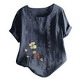thumbnail image 2 of Yaoyar Cotton Linen Tops for Womens 2024 Crewneck Roll Up Short Sleeve Tshirt Trendy Floral Print Casual Loose Blouse, 2 of 5