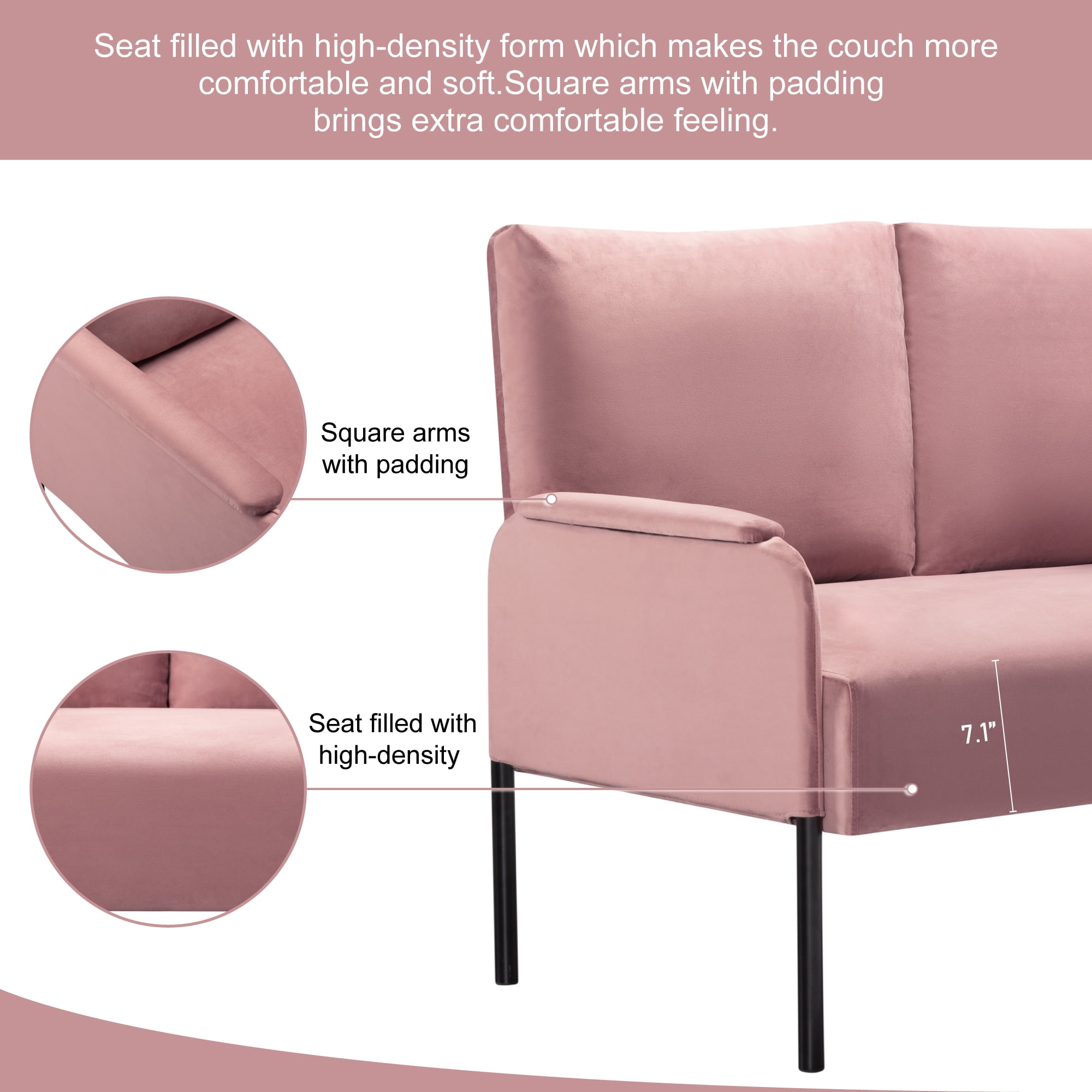 Gewnee 45.7”Loveseat Couch for Small Spaces,Mid-Century Modern 2-Seater Sofa with Metal Frame & Black Legs,Removable Washable Back Cushion Cover,Easy Assembly.Pink