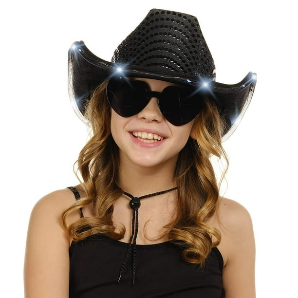 Funcredible Light Up Cowboy Hat And Glasses Sequin Cowgirl Hat Sparkly Led Cowgirl Hat For Women Cowgirl Costume Accessories