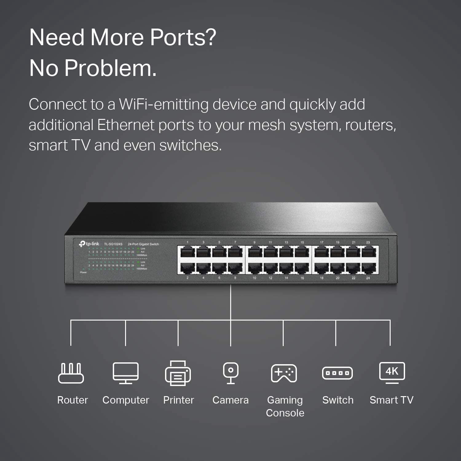 24 Port Gigabit Ethernet Switch Desktop/ Rackmount Plug & Play Shielded Ports Sturdy Metal Fanless Quiet Traffic Optimization Unmanaged (TL-SG1024S)