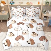 Homewish Puppy Dog 7pcs Bedding Comforter Set,Pet Animal Queen Bedding Sets,Brown White Queen Sheet Sets For Boys Kids,Super Cozy Room Decor Reversible