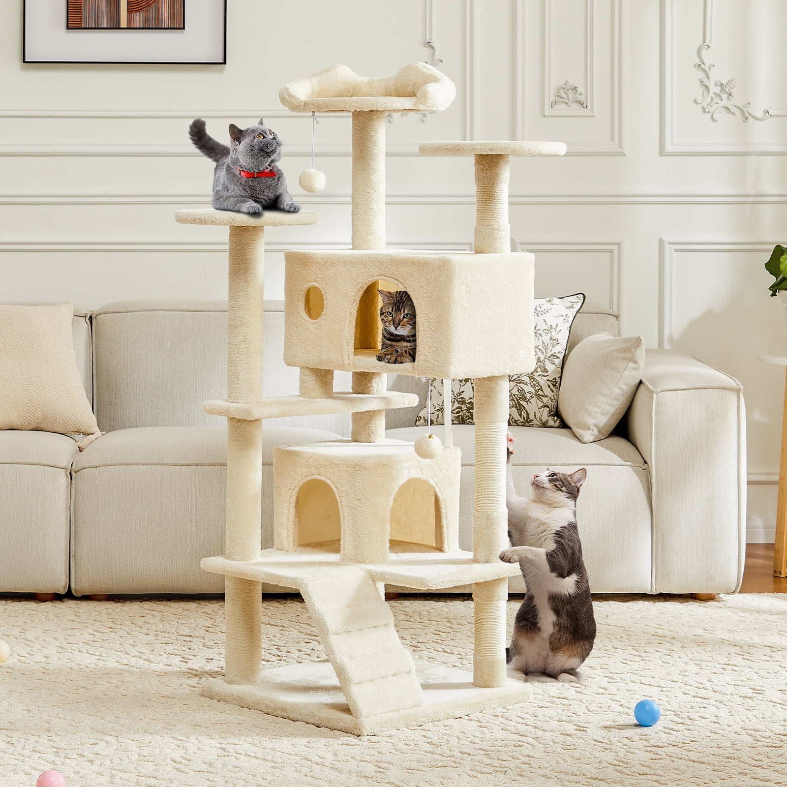 JIOABL Multi-Level Cat Tree Tower - 54-Inch Cat Tower with Large Condo, Climbing Ladder, Plush Toy, and More Cat Stuff, Beige