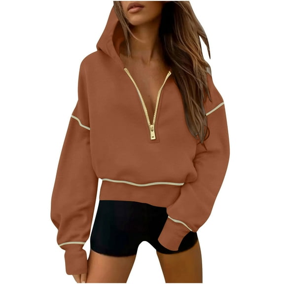 Enjoytime Hoodies for Women Solid Color Long Sleeve Half Zip Pullover Sweatshirt Plus Size Fashion Fall Winter Hoodie Brown S