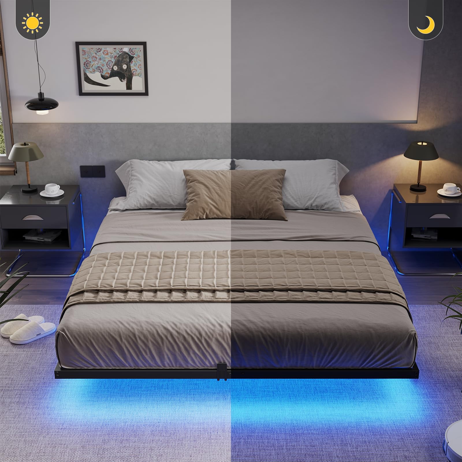 Floating Bed Frame King Size with LED Lights, Metal Platform King Bed, No Box Spring Needed, Easy to Assemble