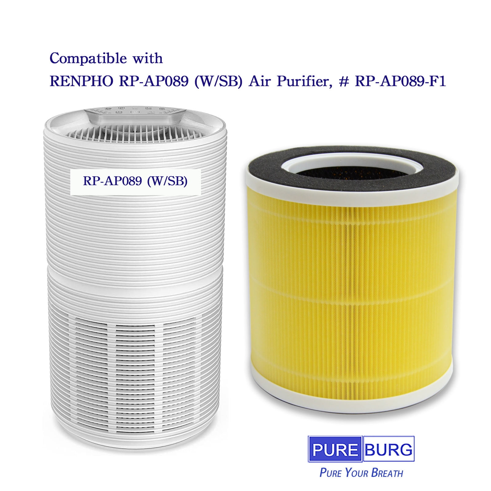 PUREBURG RP-AP089 Replacement True HEPA Filters Compatible with RENPHO Large Room Air Purifiers,RP-AP089 RP-AP089W/RP-AP089B, Part Number RP-AP089-f1(RP-AP089-f2),2-Pack