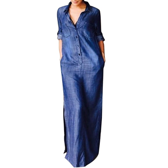 TMOYZQ Women's Plus Size Button Down Lapel Denim Maxi Shirt Dress Casual Loose Rolled Up Sleeve Side Split Long Jean Dresses with Pockets Beach Cover Ups