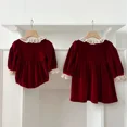 thumbnail image 2 of Vestido de primavera para hermanas, mono con solapa de encaje para niñas, vestido de princesa con mangas abullonadas de encaje de terciopelo rojo, ropa de Año Nuevo, 2 of 6