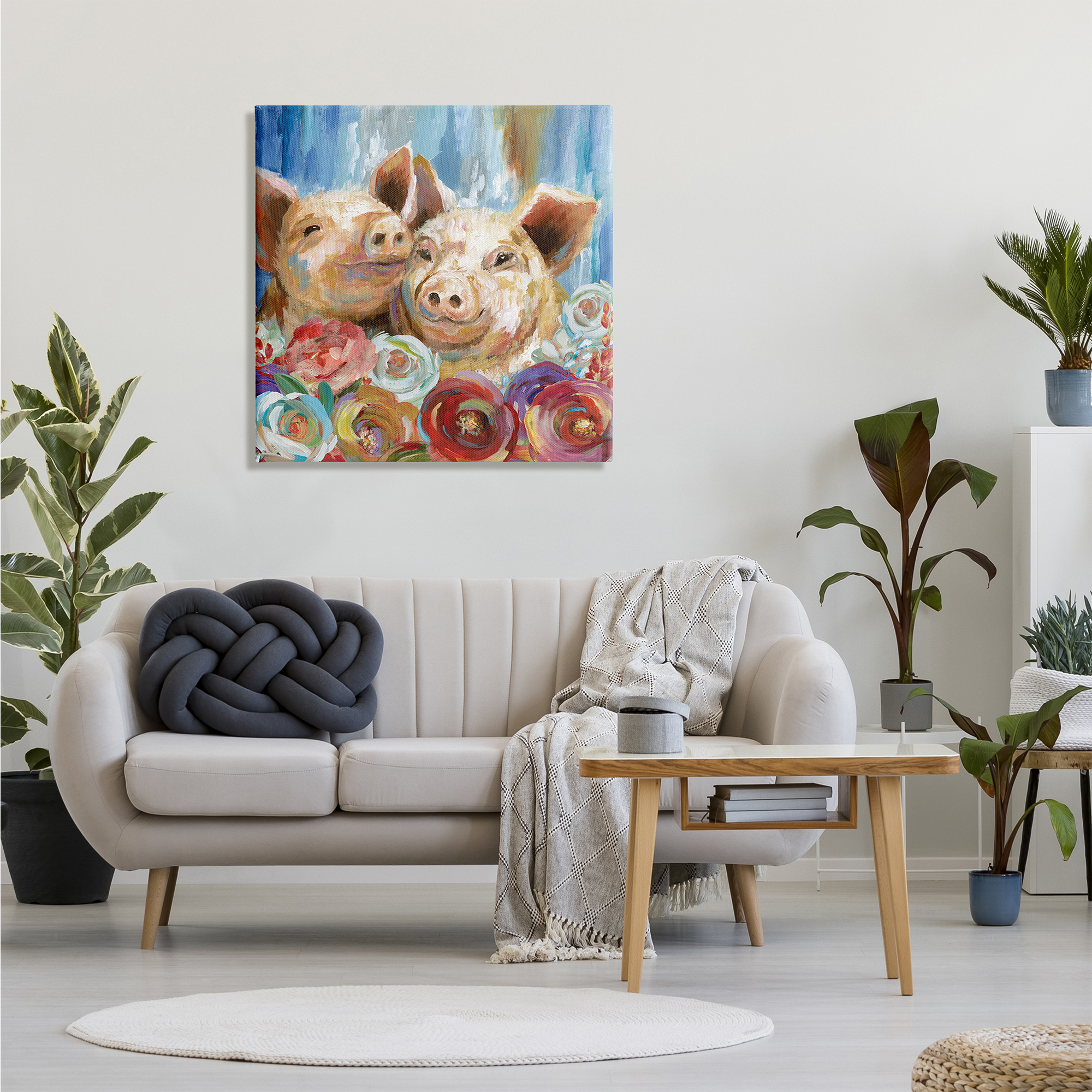 Stupell Industries Contemporary Farm Pig Couple Soft Petal Florals Animals & Insects Painting Gallery Wrapped Canvas Print Wall Art, 30 x 30
