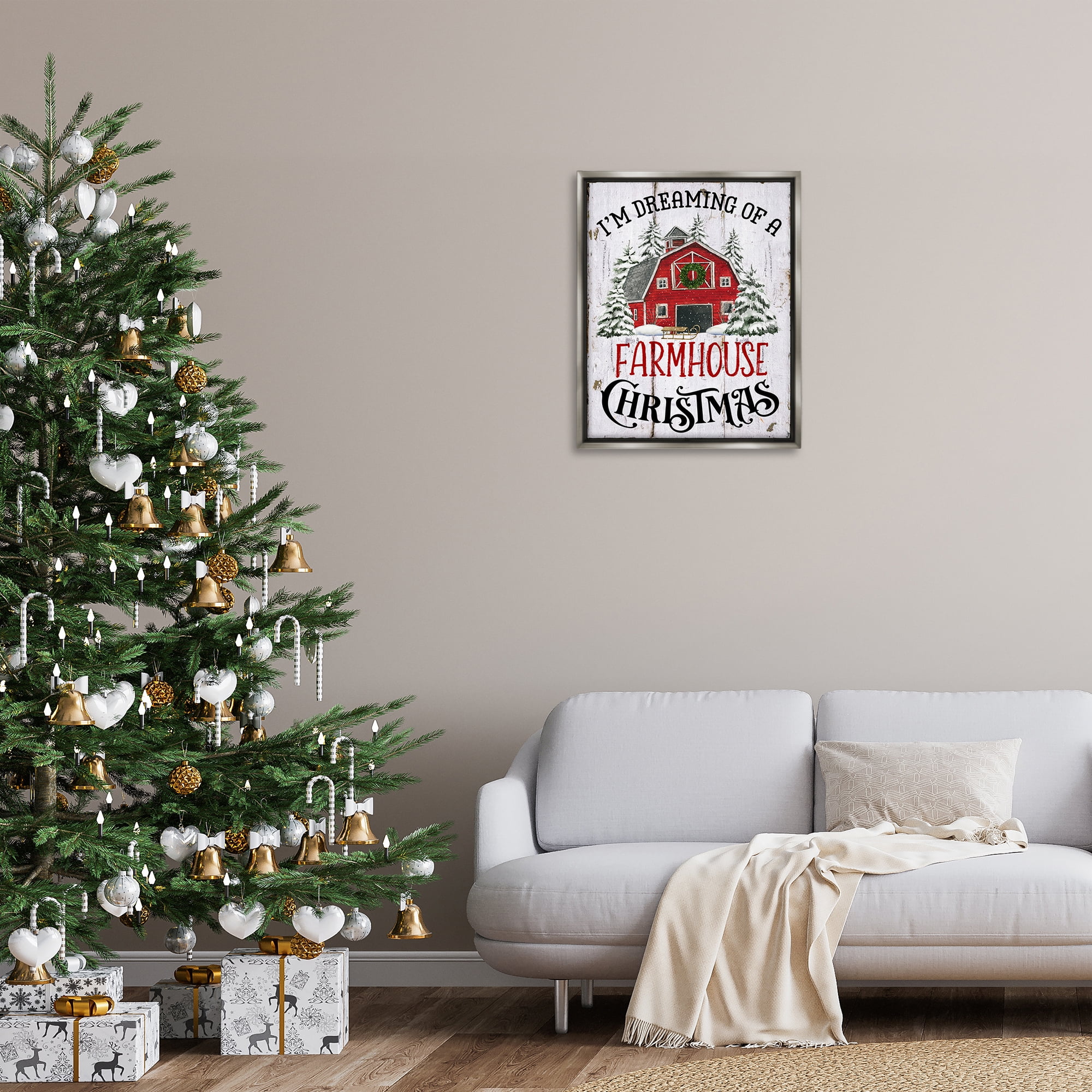 Stupell Industries Farmhouse Christmas Dreaming Holiday Painting Gray Floater Framed Canvas Art Prints Wall Art, 25 x 31
