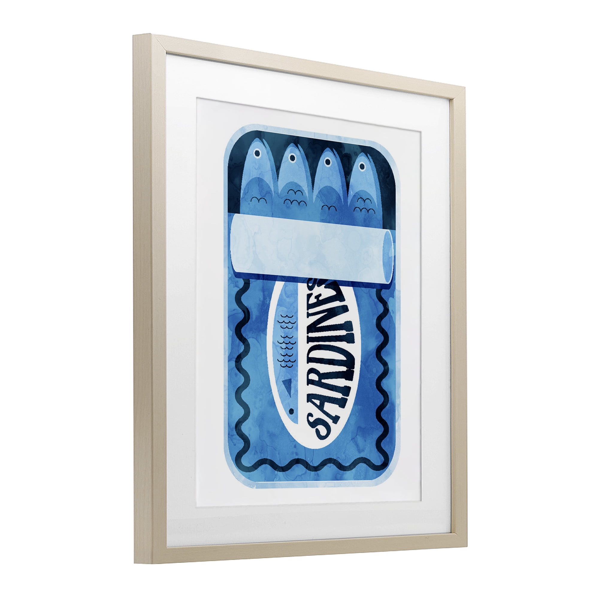 Retro Blue Sardine Tin Birch Framed Print Under Glass, design by Daphne Polselli