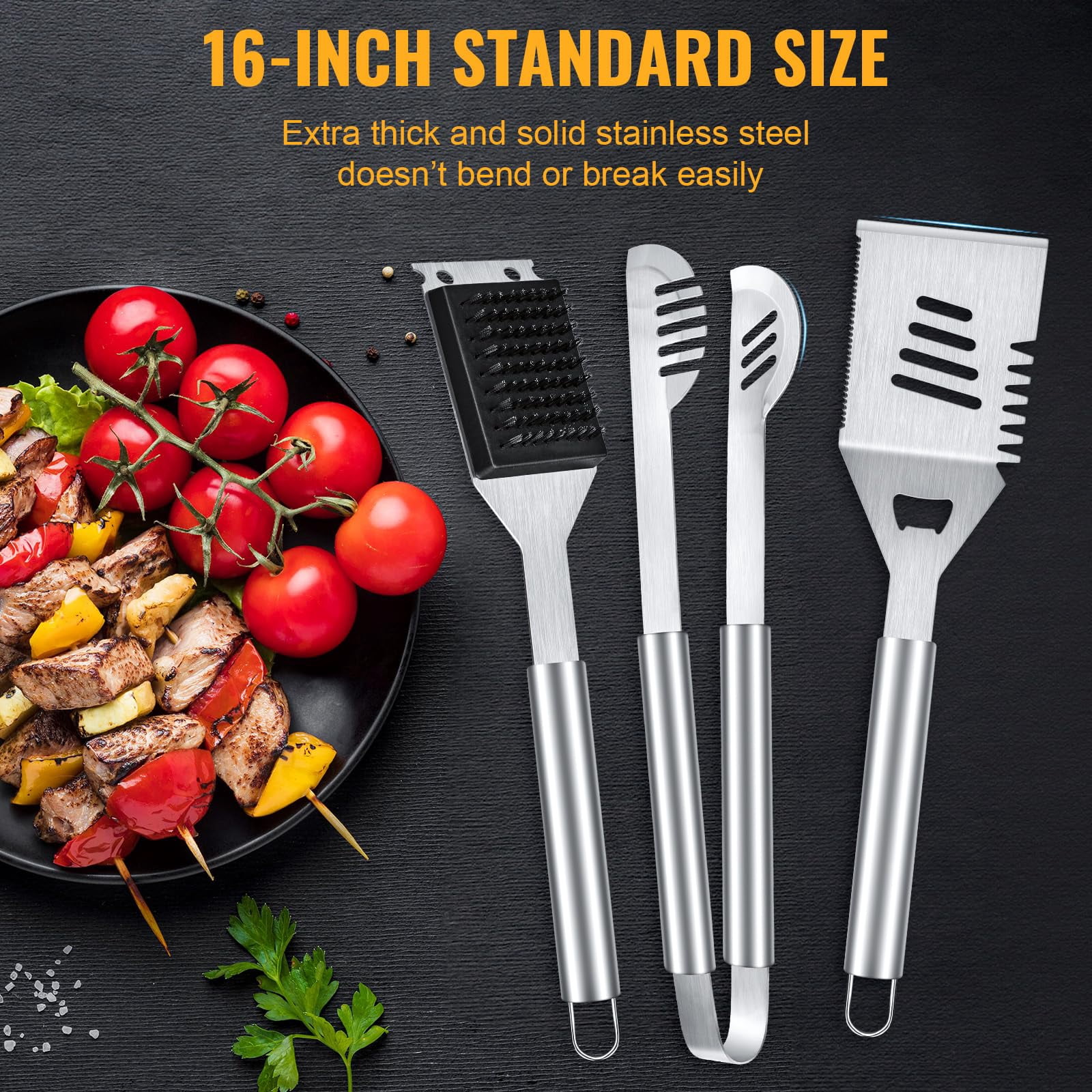 LHRIVER Stainless Steel BBQ Grill Tools Set with Storage Bag, 3 Pieces Include Tong, Spatula, Cleaning Brush