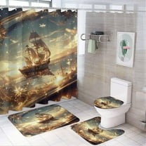Brebasf Vintage Skeleton Nautical Pirate Ship Shower Curtain Set Bathroom Set Decorative Watercolor Cool Mid Century Horror Pirate Ship 4 Piece Shower Curtain, Toilet Cover, U-Mat, Floor Mat