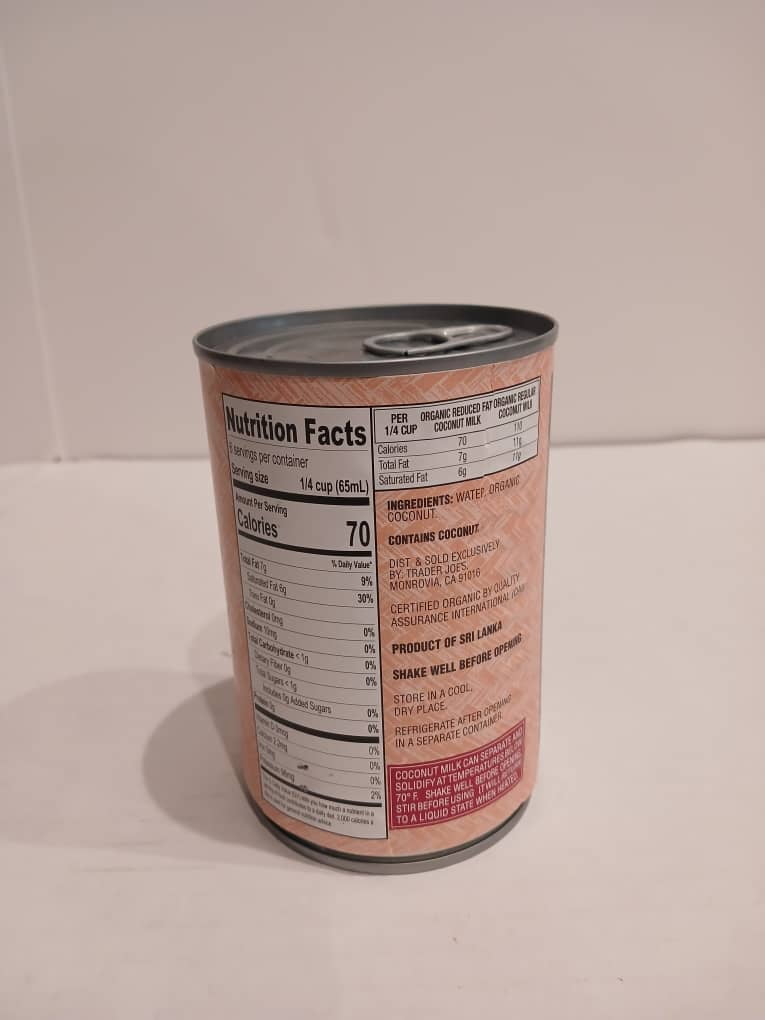 Trader Joes Organic Reduced Fat Coconut Milk 13.5 fl oz, Pack of 2