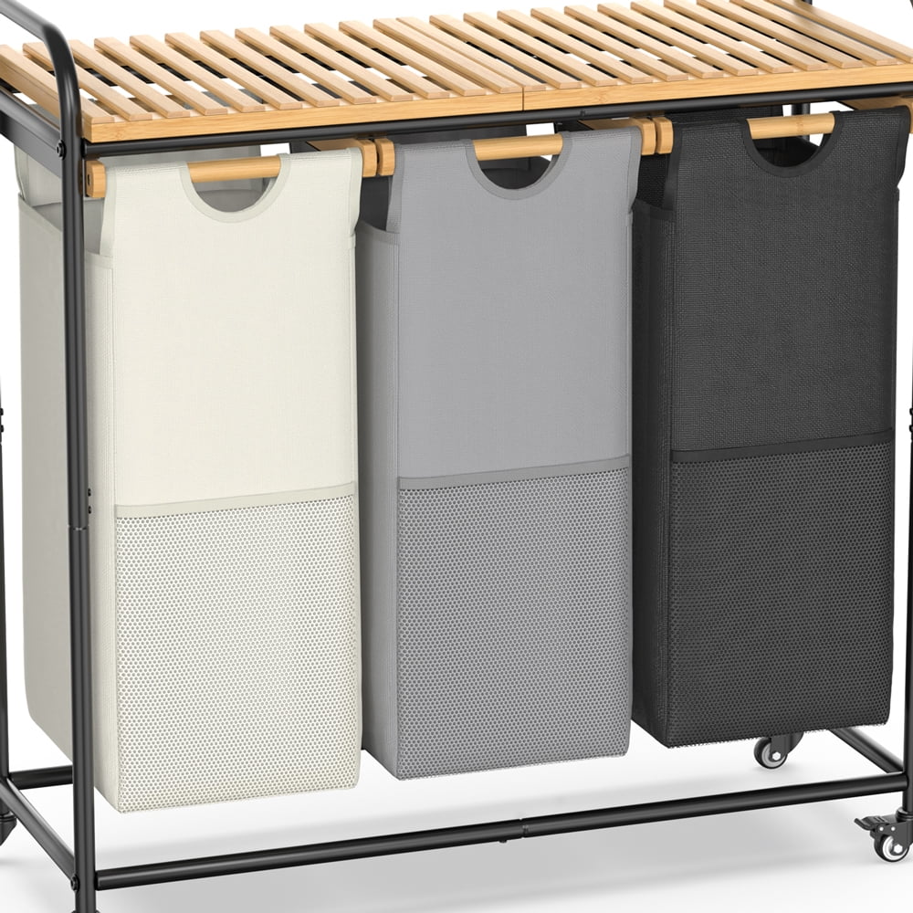 Bamboohomie 3 Compartment Laundry Hamper with Wheels, Rolling Laundry Basket 3 Section Sorter, Black Beige Gray